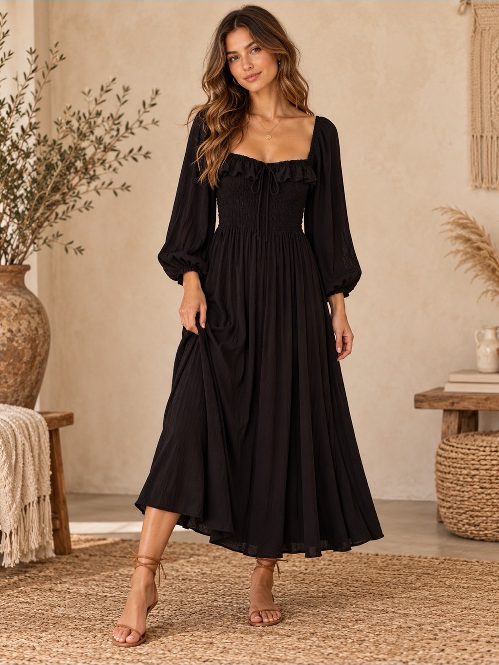 Vici Black Milkmaid Pocketed Midi Dress